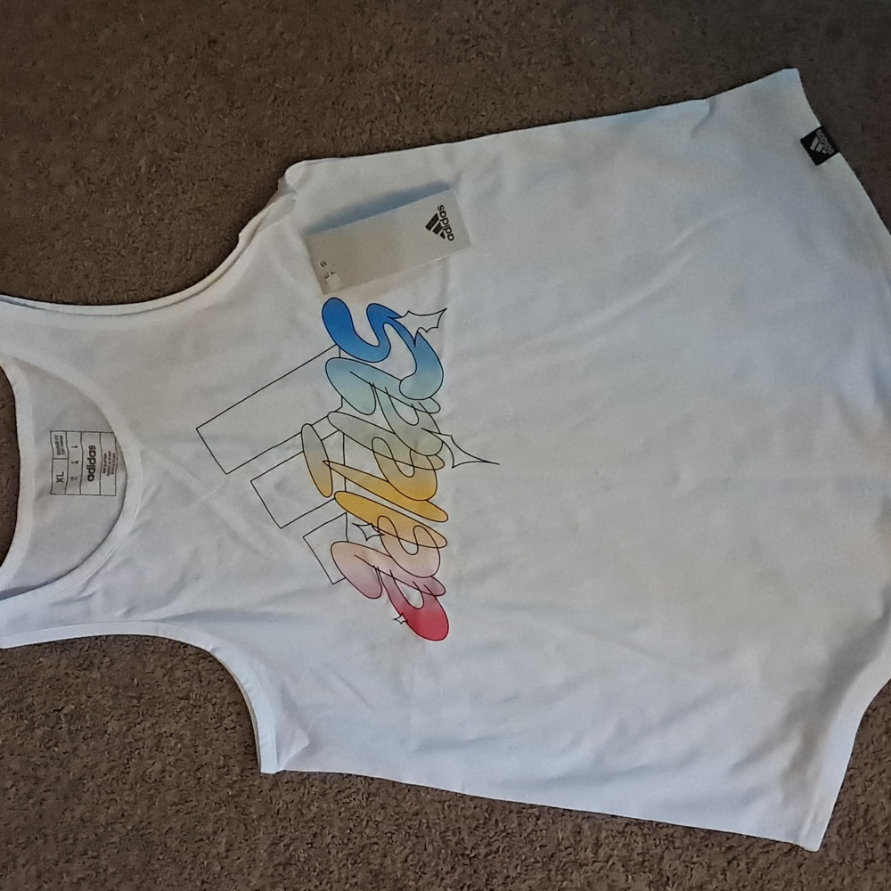 Adidas Kids White Tank Top with Colorful Logo. 100 Percent Cotton